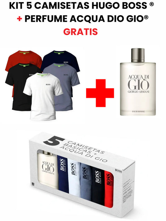 KIT 5 CAMISETAS HUGO BOSS 100% ALGODÓN + PERFUME ACQUA DIO GIO GRATIS